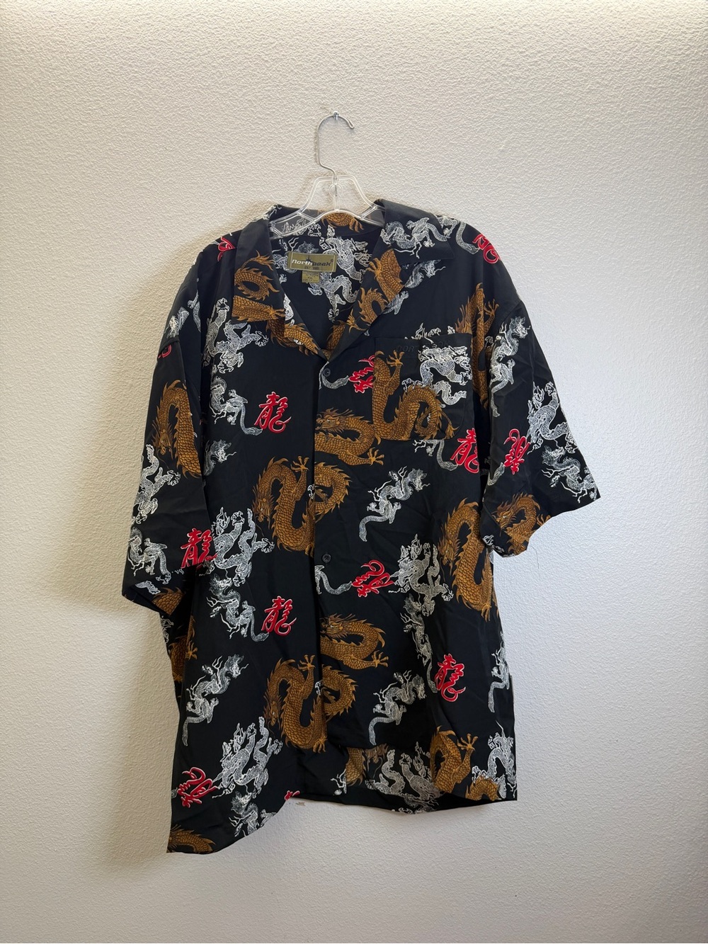 Sporty & Rich Black Button-Down Shirt with Gold and White Dragon Print